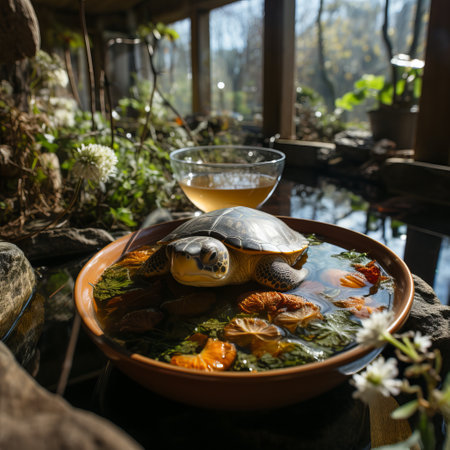 Turtle soup, ready dish illustration, delicacy. Cooked food from living beings.の素材