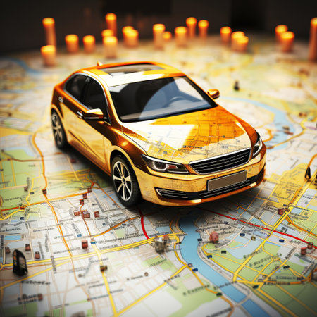 A yellow taxi rides on a geolocation map with the JPS function. Concept: an illustration for the work of taxi drivers and companies transporting people around the city.の素材