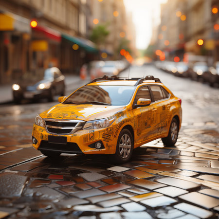 A yellow taxi rides on a geolocation map with the JPS function. Concept: an illustration for the work of taxi drivers and companies transporting people around the city.の素材