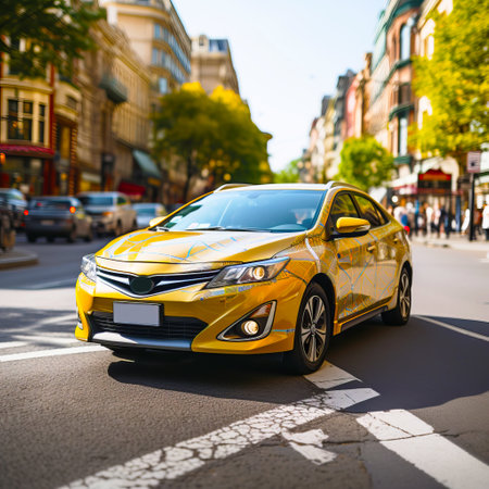 A yellow taxi rides on a geolocation map with the JPS function. Concept: an illustration for the work of taxi drivers and companies transporting people around the city.の素材