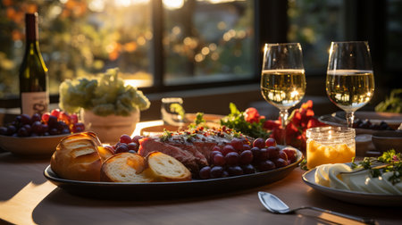 Thanksgiving table decor. Food and glasses with a drink at a festive feast.の素材