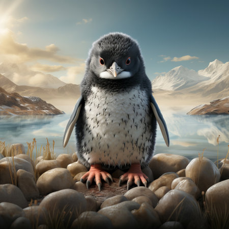 Penguin on a minimal background. Large flightless bird in cold climates. floating birds. copyspace. Concept: poster and design on the theme of the protection of animals and their hの素材