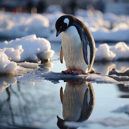 Penguin on an ice float in the water. Large flightless bird in cold climates. floating birds. copyspace. Concept: poster and design on the theme of the protection of animals and thの素材