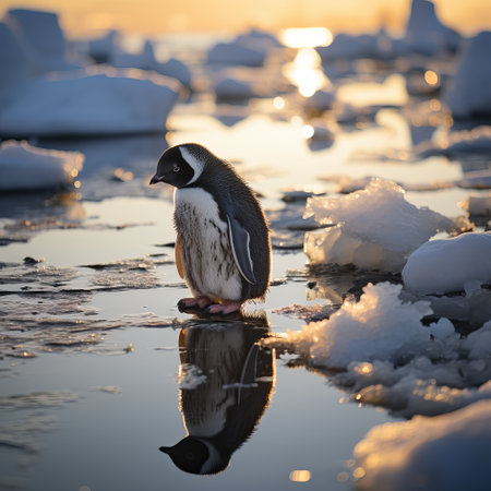 Penguin on an ice float in the water. Large flightless bird in cold climates. floating birds. copyspace. Concept: poster and design on the theme of the protection of animals and thの素材