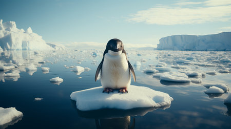Penguin on an ice float in the water. Large flightless bird in cold climates. floating birds. copyspace. Concept: poster and design on the theme of the protection of animals and thの素材