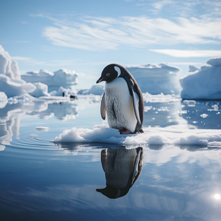 Penguin on an ice float in the water. Large flightless bird in cold climates. floating birds. copyspace. Concept: poster and design on the theme of the protection of animals and thの素材