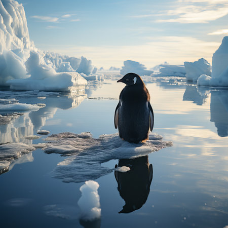 Penguin on an ice float in the water. Large flightless bird in cold climates. floating birds. copyspace. Concept: poster and design on the theme of the protection of animals and thの素材