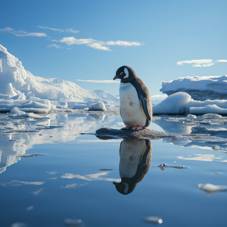 Penguin on an ice float in the water. Large flightless bird in cold climates. floating birds. copyspace. Concept: poster and design on the theme of the protection of animals and thの素材