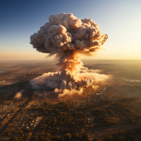 Nuclear explosion day or night. Stormy sky, shock wave against the background of a nuclear fungus in the process of releasing thermal and radiant energy as a result of an uncontrolの素材