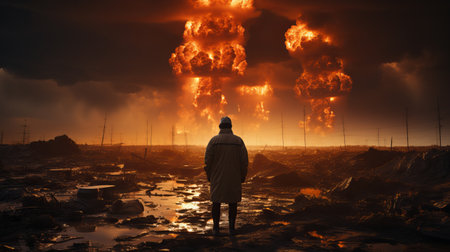 A man stands in a chemical protection suit against the backdrop of a nuclear explosion day and night. Stormy sky, shock wave against the background of a nuclear mushroomの素材