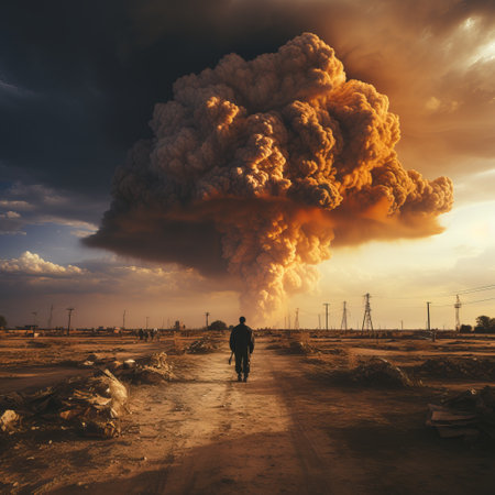 A man stands in a chemical protection suit against the backdrop of a nuclear explosion day and night. Stormy sky, shock wave against the background of a nuclear mushroomの素材