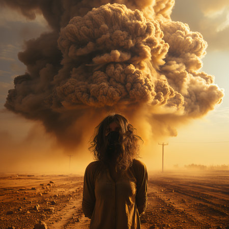A woman stands in a gas mask against the backdrop of a nuclear explosion during the day. Stormy sky, shock wave against the background of a nuclear mushroomの素材