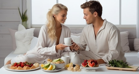 A woman in white pajamas and a bright room drinks coffee or tea, has breakfast in a calm atmosphere at home.の素材