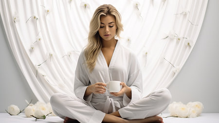 A woman in white pajamas and a bright room drinks coffee or tea, has breakfast in a calm atmosphere at home.の素材