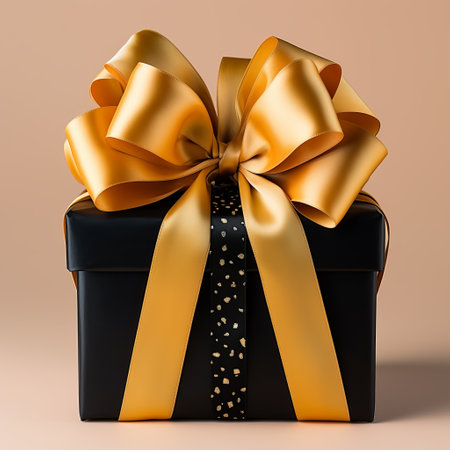gift wrap. Black and yellow box with a bow on a plain background. Concept: Festive atmosphere present for the holidaysの素材
