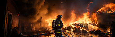 A professional firefighter puts out the flames. A burning house and a man in uniform, view from the back. Concept: Fire engulfed the room, danger of arsonの素材
