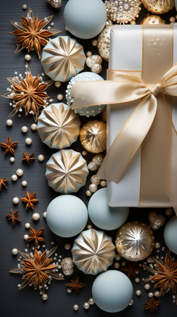 Elegant Christmas decorations for a festive tree of a light shade, decorated with beads and stones. Monochromatic background with copy space, decor for the new yearの素材