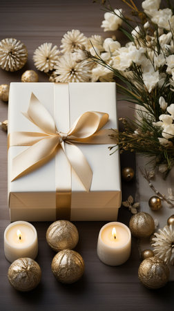 Gift box in a light shade, decorated with beads and stones. Monochromatic background with copy space, decor for the new yearの素材