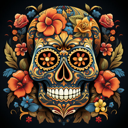 Girl with sugar skull make-up with flowers and patterns. Concept: traditional image of El DÃ­a de Muertos, Mexican image of honoring the dead.の素材