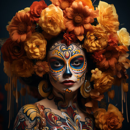 Girl with sugar skull make-up with flowers and patterns. Concept: traditional image of El DÃ­a de Muertos, Mexican image of honoring the dead.の素材