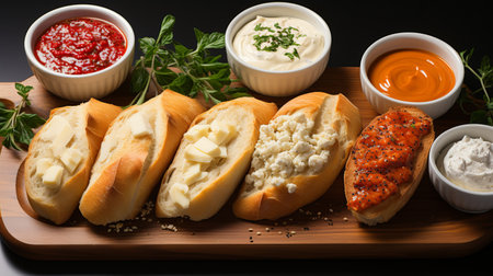 Toasted baguette with various vegetable and spicy sauces, appetizer and snack. Food for a beer or a party.の素材