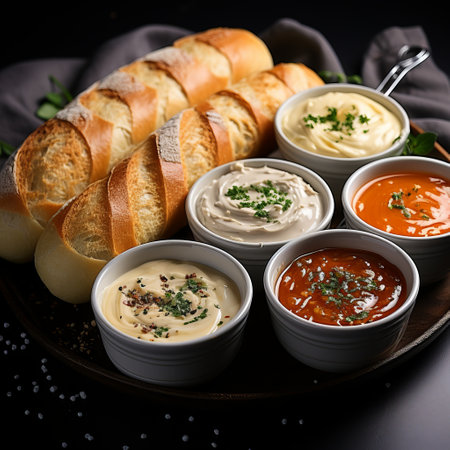 Toasted baguette with various vegetable and spicy sauces, appetizer and snack. Food for a beer or a party.の素材