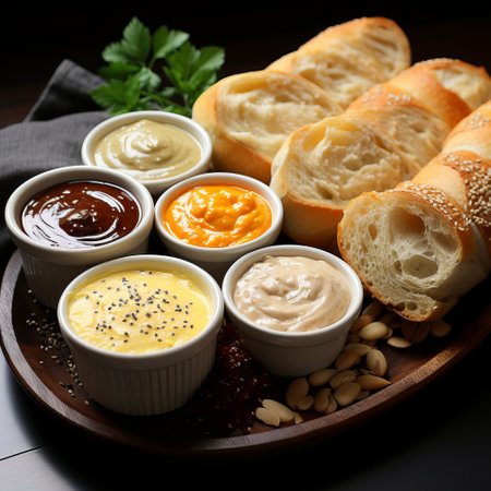 Toasted baguette with various vegetable and spicy sauces, appetizer and snack. Food for a beer or a party.の素材