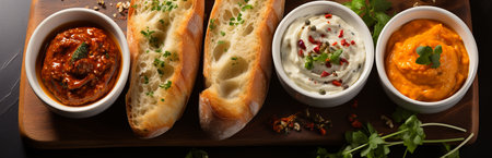 Toasted baguette with various vegetable and spicy sauces, appetizer and snack. Food for a beer or a party.の素材