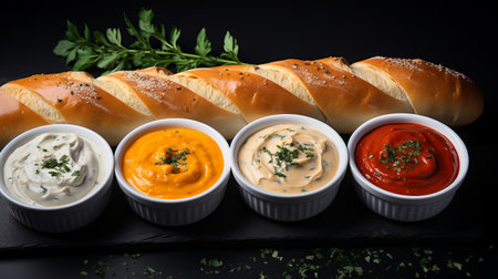 Toasted baguette with various vegetable and spicy sauces, appetizer and snack. Food for a beer or a party.の素材