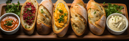 Toasted baguette with various vegetable and spicy sauces, appetizer and snack. Food for a beer or a party.の素材