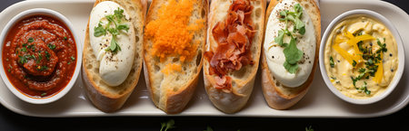 Toasted baguette with various vegetable and spicy sauces, appetizer and snack. Food for a beer or a party.の素材