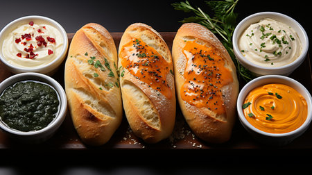 Toasted baguette with various vegetable and spicy sauces, appetizer and snack. Food for a beer or a party.の素材