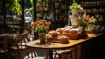 Rustic outdoor bakery and coffee shop with hot pastries and tables for patrons. Handmade bread Various loaves, baguettes. Rye, buckwheat, bran, gluten-free, wheat buns, sunny dayの素材