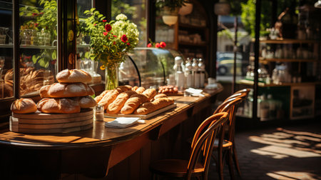 Rustic outdoor bakery and coffee shop with hot pastries and tables for patrons. Handmade bread Various loaves, baguettes. Rye, buckwheat, bran, gluten-free, wheat buns, sunny dayの素材