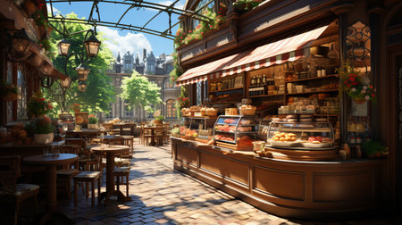 Rustic outdoor bakery and coffee shop with hot pastries and tables for patrons. Handmade bread Various loaves, baguettes. Rye, buckwheat, bran, gluten-free, wheat buns, sunny dayの素材