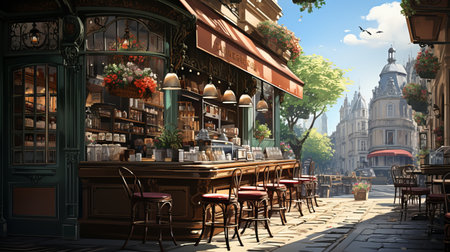 Rustic outdoor bakery and coffee shop with hot pastries and tables for patrons. Handmade bread Various loaves, baguettes. Rye, buckwheat, bran, gluten-free, wheat buns, sunny dayの素材