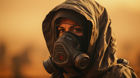 A man in a respirator from a sandstorm, the sand scatters from a strong wind. Concept: airway protection in a dangerous situation.の素材