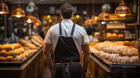 A male baker in uniform in a bakery stands with his back among the shelves with bread and buns for sale. Production of bread and buns.の素材