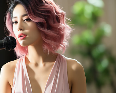 A woman sings karaoke. Vocal lessons. Emotional performance of songs. Beautiful girl performs songs, teacher voice training, Music karaoke clubの素材