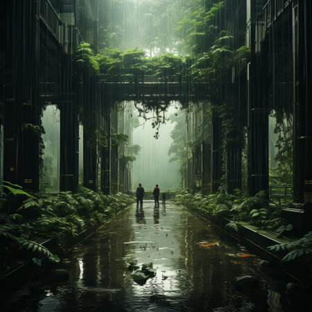 People walking in heavy rain with an umbrella from their back, bad autumn weather, wet puddlesの素材