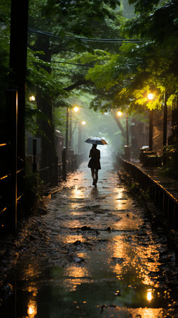 People walking in heavy rain with an umbrella from their back, bad autumn weather, wet puddlesの素材