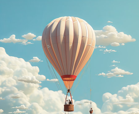 colored aerostat, Balloon on a neutral background with clouds. Illustration with celestial transport for people, air travel, banner with copy spaceの素材