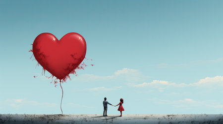 A couple in love walks with heart-shaped balloons in the sky. Concept: Valentine's day, lovers on a dateの素材