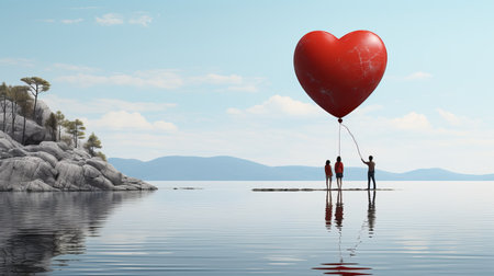 A couple in love walks with heart-shaped balloons in the sky. Concept: Valentine's day, lovers on a dateの素材