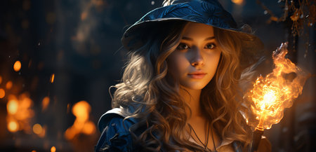 Beautiful girl in the style of a witch in Gothic clothes with a staff on a plain background. Night of the Witch or All Hallows' Eve. Concept: mysticism, game characters, Halloween.の素材