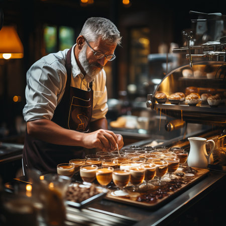 A barista prepares coffee from a kitchen appliance. Drink with Caffeine. Male person working at the bar counter. Coffee maker in uniform apronの素材