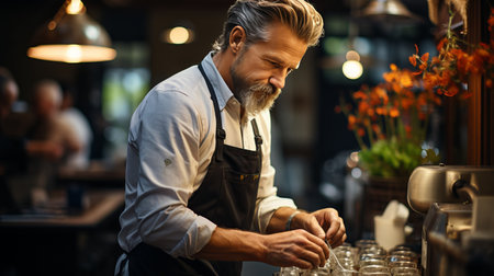 A barista prepares coffee from a kitchen appliance. Drink with Caffeine. Male person working at the bar counter. Coffee maker in uniform apronの素材