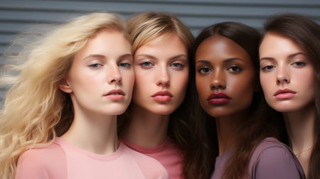 Female models of different skin colors and nationalities pose together. Beautiful girls with the appearance of beauty standards. Faces close upの素材