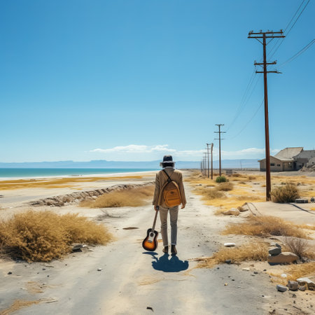 A man walks along the road with a guitar, a street musician travels alone, a free tramp with a musical instrument. Rear view, close-upの素材
