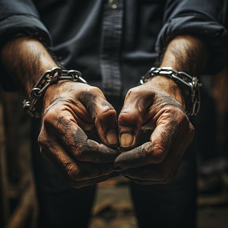 Male hands shackled, hands tied with a chain. Restriction of hand movement with handcuffs. Concept: Prisoner Man Trappedの素材